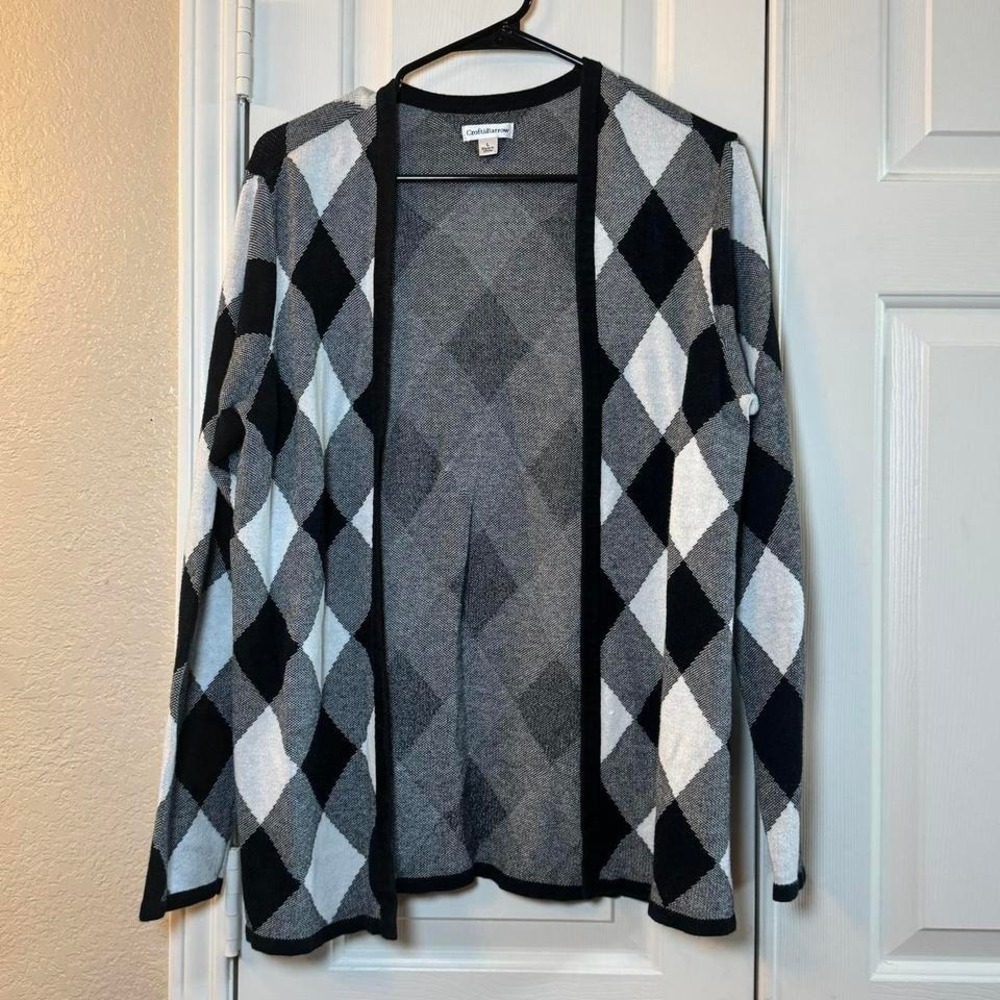 Croft & Barrow‎ Woman Black & White Checkered Open Cardigan Sweater, Size L
